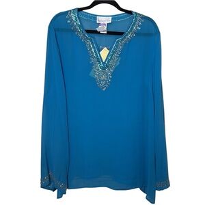 NWT 100% SILK Susan Graver XL Blue Embellished Blouse WITH Sequins, semi sheer